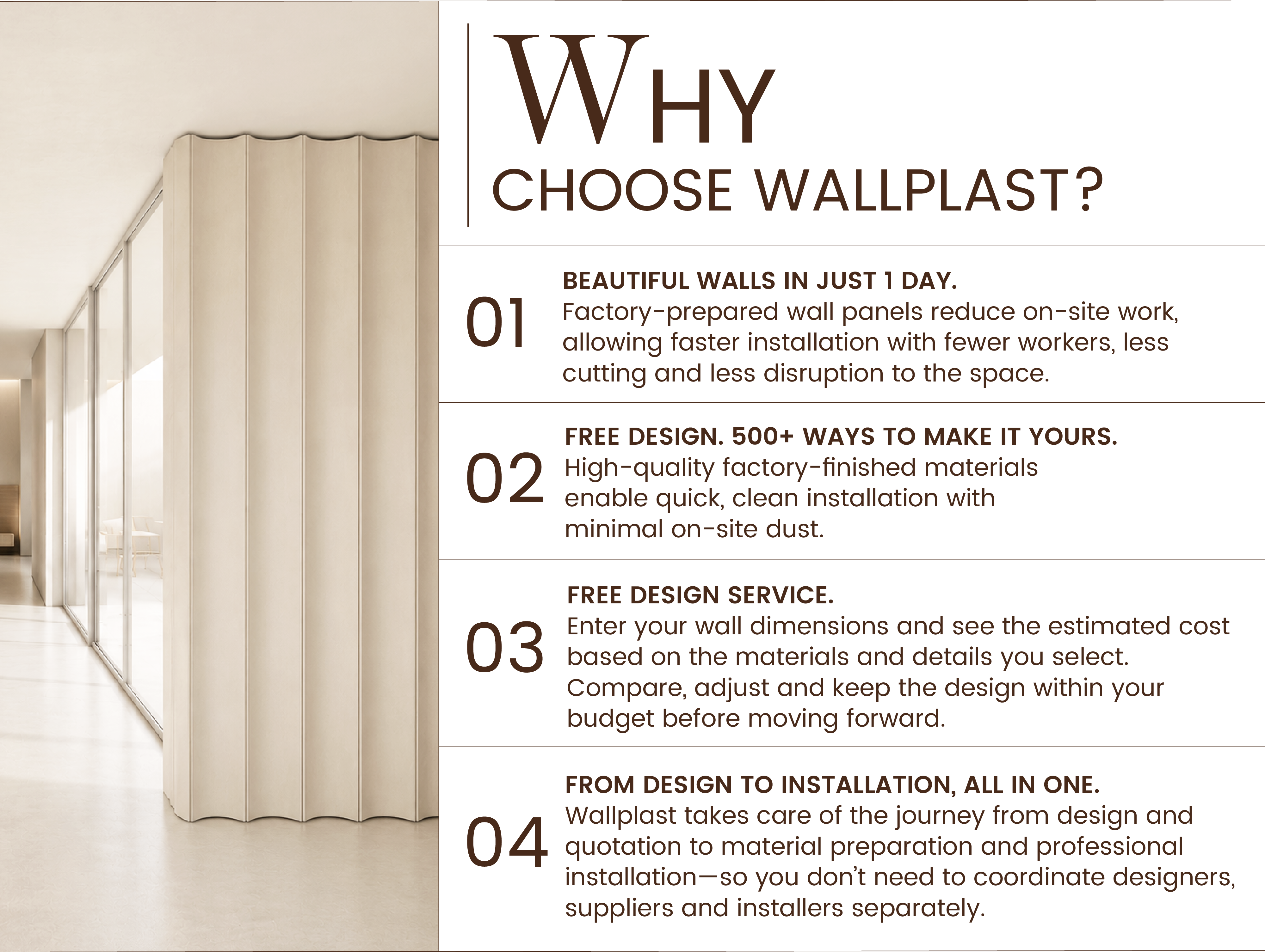 Why Choose Wallplast - 01 Beautiful walls in 1 day, 02 Free design, 03 Free design service, 04 All in one